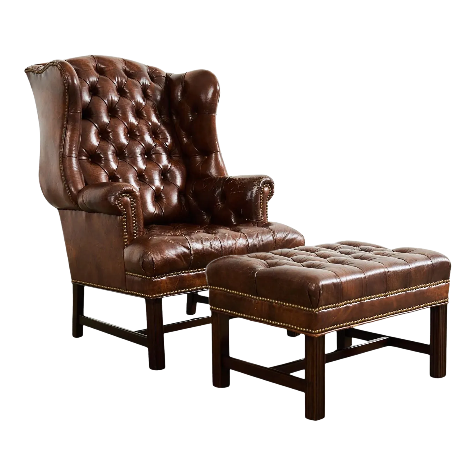 Georgian Style Tufted Cigar Leather Wingback Chair and Ottoman
