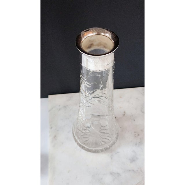 Antique English Sterling Silver & Cut Crystal Decanter Pair — 1899 Birmingham j.g & S Hallmarked, Etched Floral Pattern, Edwardian Bar Cart Accents For Sale - Image 12 of 16