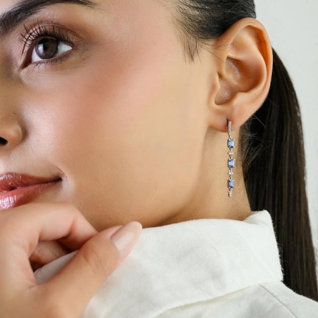 Modern 14k White Gold Dangle Earrings of Blue Sapphire & Natural Diamonds- 2 Pieces For Sale - Image 3 of 12