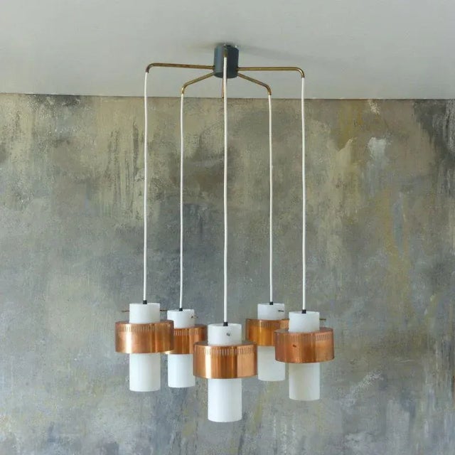 1950s Mid-Century Scandinavian Copper and Opaline Glass Ceiling Lamp For Sale - Image 5 of 13