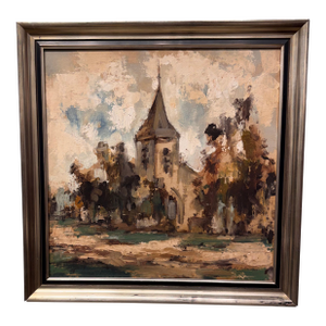 20th Century Oil on Board "Small Chapel at Grimberghe"