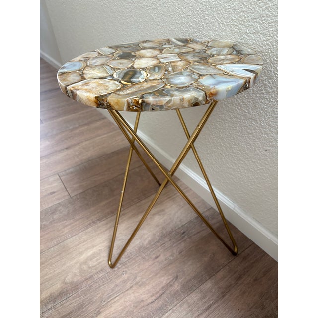 Coffee Brazilian Natural Agate Inlay Round Accent Table For Sale - Image 8 of 9