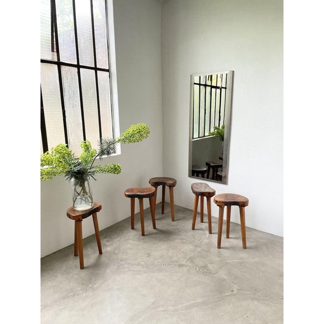 Set composed of 5 tripod stools in olive wood from the 1950s. We love the contrast between the rather brutalist and rustic...