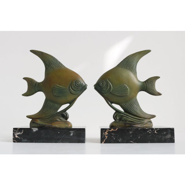 Antique Art Deco French Bookends Angelfish in Black Marble Spelter Moonfish, 1925, Set of 2 For Sale - Image 10 of 10