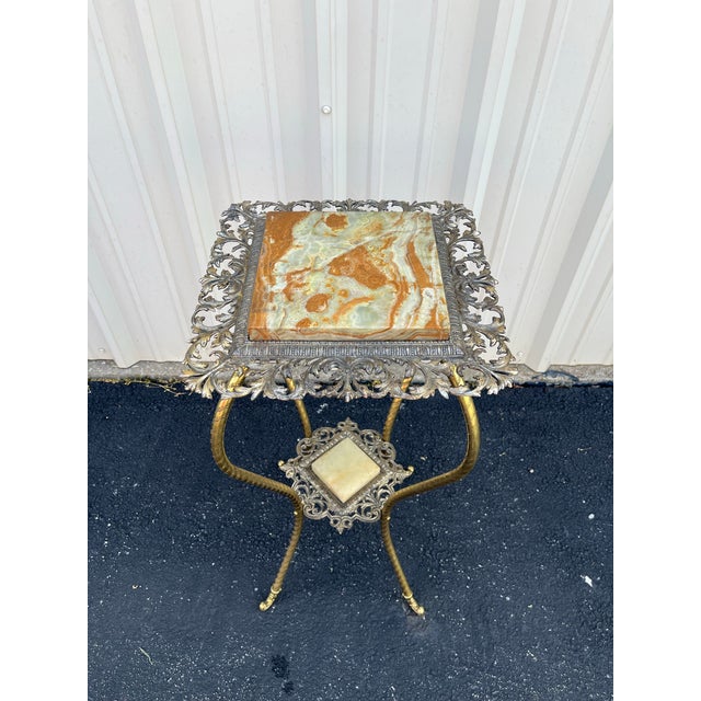 Antique Two-Tier Art Nouveau Brass and Onyx Planter Stand With Gallery For Sale - Image 4 of 12