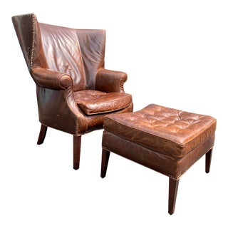 Restoration Hardware Tufted Drake Leather Wingback Chair and Matching Ottoman For Sale