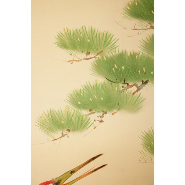 Taisho to Showa Era Japanese Silk Scroll Painting "Two Cranes and a Pine Tree" For Sale - Image 11 of 18