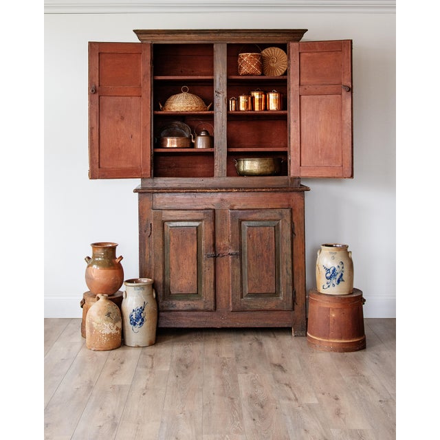 Farmhouse Early 19th Century American Pine Stepback Cupboard | Original Surface, Hand-Forged Hardware, Primitive Two-Piece Cabinet For Sale - Image 3 of 6