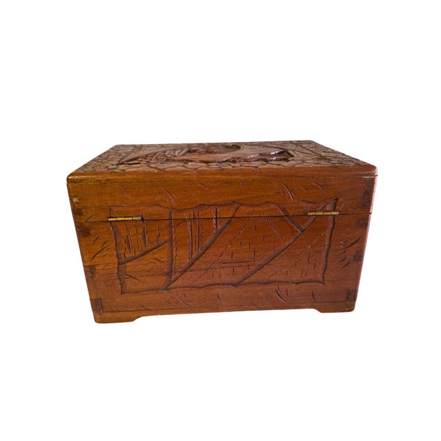 Vintage Asian Hand-Carved Camphor Wood Jewelry Box With Village Scene & Brass Hardware For Sale - Image 4 of 18