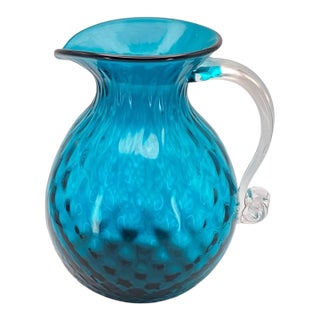 Blenko Seabreeze/Turquoise Diamond Optic Pitcher With Clear Handle (Large, 2014/2015 Catalogue #1010d) Rough Pontil, Mid-Century Modern-Style For Sale