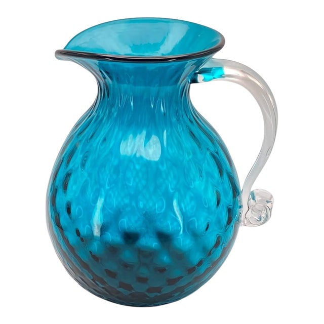 Mid-Century Modern Blenko Seabreeze Diamond Optic Pitcher With Clear Handle (Large, 2014/2015 Catalogue #1010d) Rough Pontil For Sale