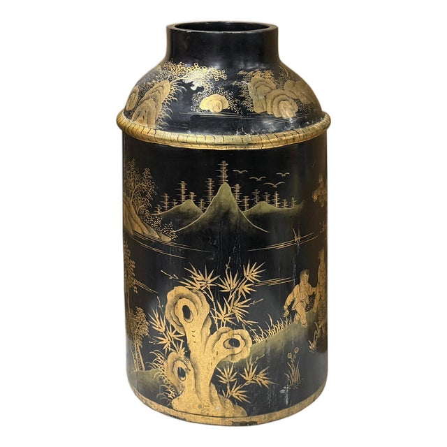 Vintage Chinese Export Black Lacquer Canister Urn Display Art Ws4954 For Sale