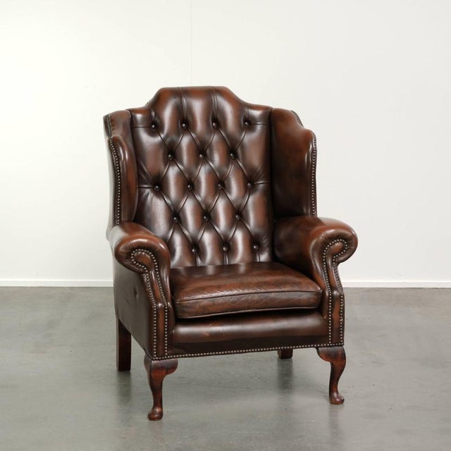 Chesterfield Wing Chair in Cowhide Leather For Sale - Image 13 of 13