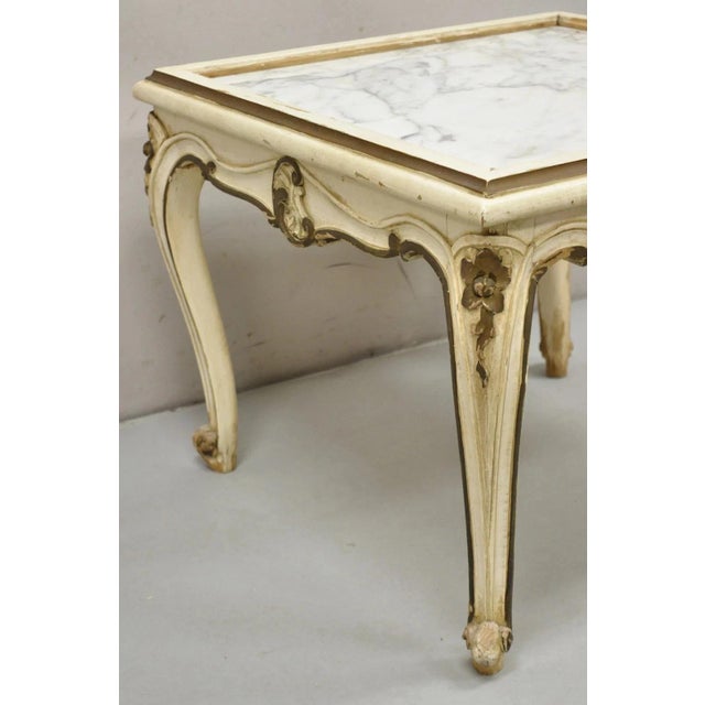 Vintage French Louis XV Style White Painted Marble Top Low Square Coffee Table For Sale - Image 4 of 12