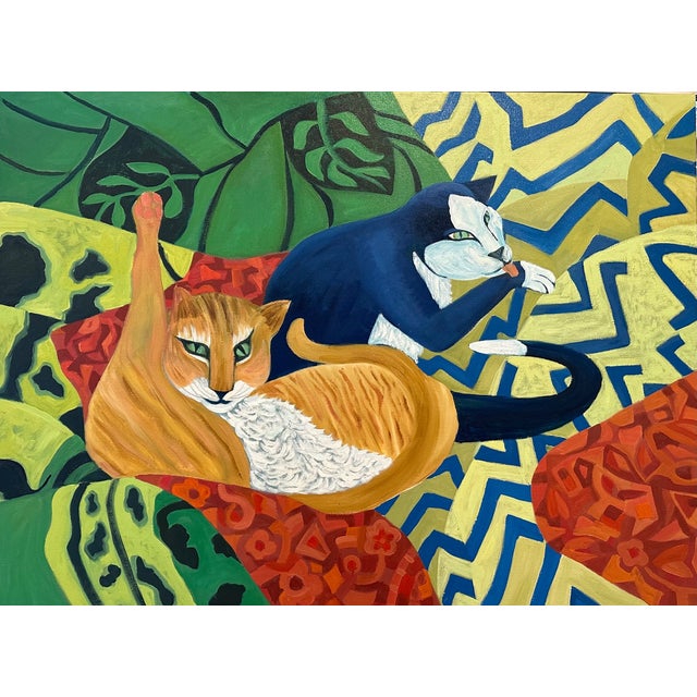 An orange cat at complete rest, one paw extended, fully inhabiting the exotic world Zimmerman has built around it. A bold...