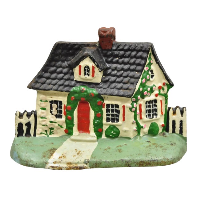 Antique Victorian Cast Iron Figural Traditional Cottage House Painted Door Stop For Sale