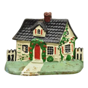 Antique Victorian Cast Iron Figural Traditional Cottage House Painted Door Stop