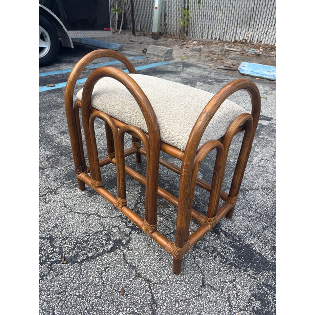McGuire Vintage Mid-Century Italian Rattan Vanity Stool With Boucle For Sale - Image 4 of 7
