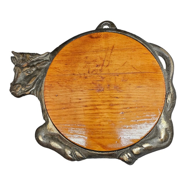 Vintage Cast Iron Cow Footed Trivet Wood Center Kitchen Hot Pad Rustic For Sale