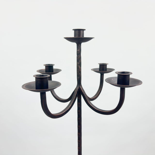 Hand Forged Iron Floor Candelabra 48.5″ (123cm) Antique Copper Patina 3-Arm Wide Base Stable Candle Holder Rustic Decor For Sale - Image 4 of 9