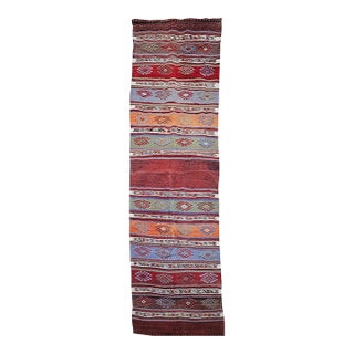 Vintage Moroccan Tribal Kilim Runner, Flat-Woven Wool, Geometric Stripe Pattern, 2’ X 8’ For Sale