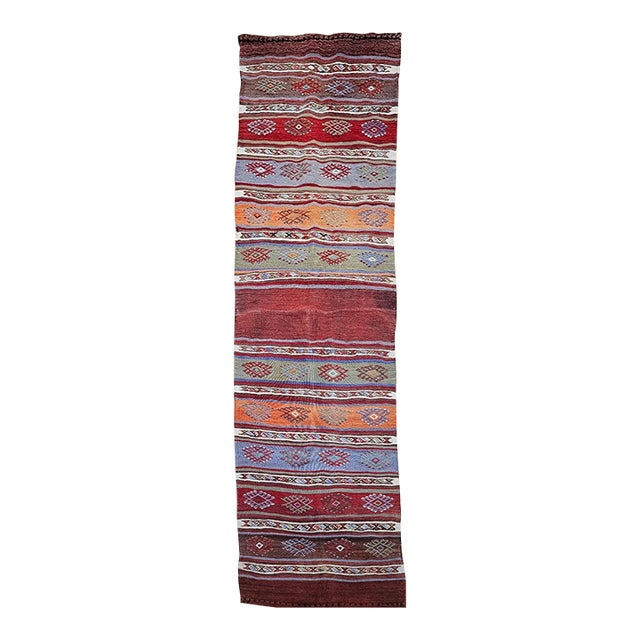 Vintage Moroccan Tribal Kilim Runner, Flat-Woven Wool, Geometric Stripe Pattern, 2’ X 8’ For Sale