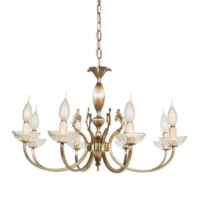 Mid-Century Florentine Eight Lights Chandelier in Silvered Brass, 1940s, in Very Good conditions. Designed 1920 to 1949 Up...