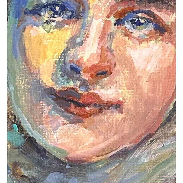 Blue Vintage Painting of an Edwardian Woman With Hat & Scarf For Sale - Image 8 of 9