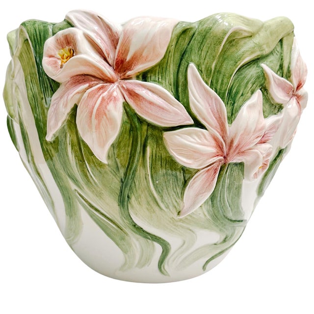 1990s Vintage Italian Pink Iris Planter Cachepot For Sale - Image 5 of 12