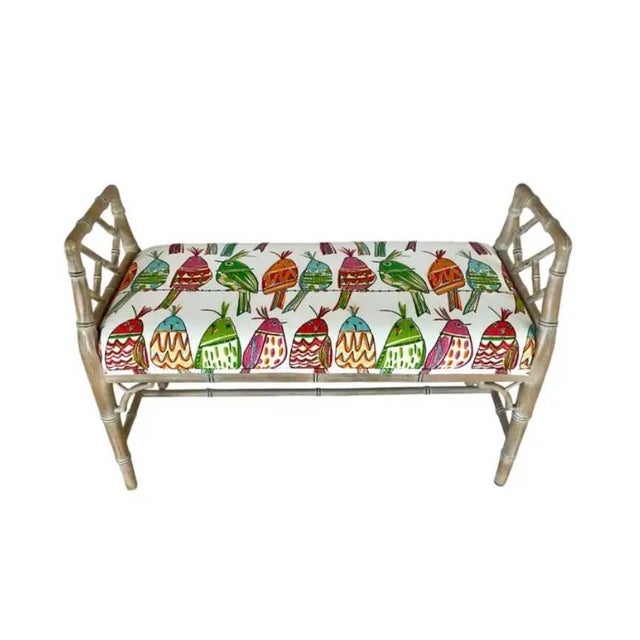 Vintage Faux Bamboo Upholstered Bench, Hollywood Regency, Mid 20th Century For Sale - Image 4 of 12
