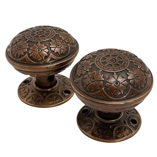 Bronze 1870s Antique American Bronze Door Knobs With Rosettes - A Pair For Sale - Image 8 of 9