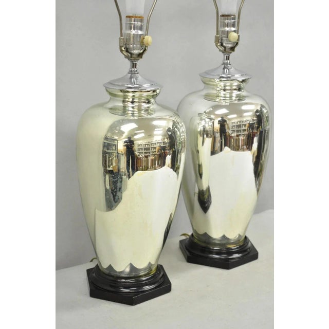 Vintage Mid Century Modern Silver Mercury Glass Jardiniere Vase Table Lamps Pair For Sale - Image 11 of 12