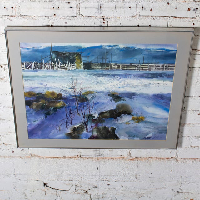 Blue 1985 Watercolor Winter Farm Landscape Signed by G. Russell Case Framed For Sale - Image 8 of 17