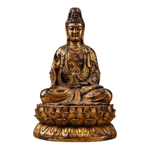 Vintage Chinese Mud‑Gilded Bronze Guanyin Bodhisattva Seated Lotus Figure, Chinoiserie Altar Statue