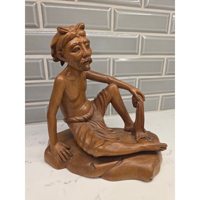 Sienna 1950s Mid-Century Modern Realism Balinese Modernist "Seated Philosopher" Satinwood Sculpture For Sale - Image 8 of 12