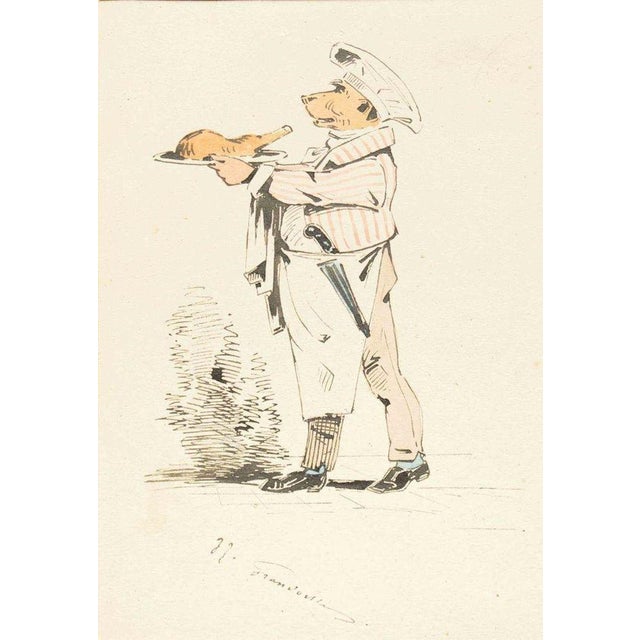 The Chef is an original ink watercolored drawing on paper realized by Jean-Jacques Grandville. A wonderful satiric...