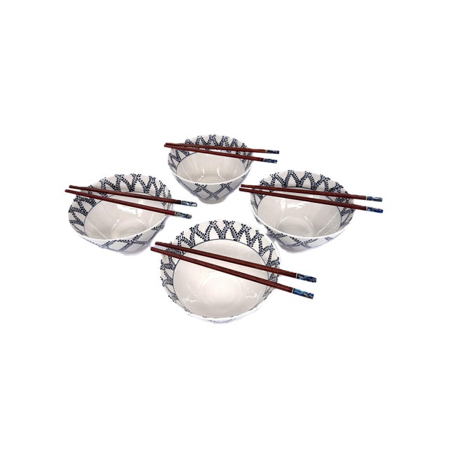 Contemporary Handcrafted Bat Trang Vietnamese Ceramic Pho or Ramen Bowls With Blue & White Vine Motif - Set of 4 For Sale - Image 3 of 11