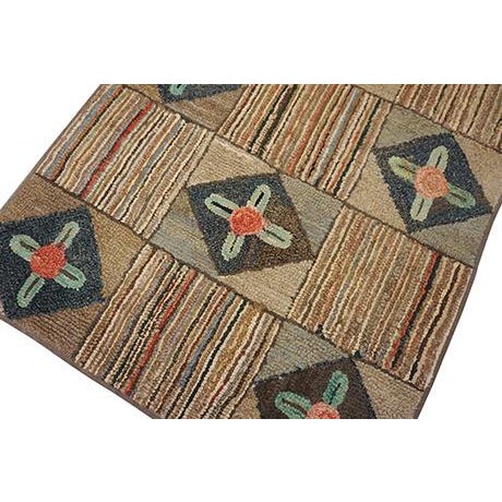 Inspirational Beige Color With Geometric Design Antique American Hooked Rug For Sale In New York - Image 6 of 12