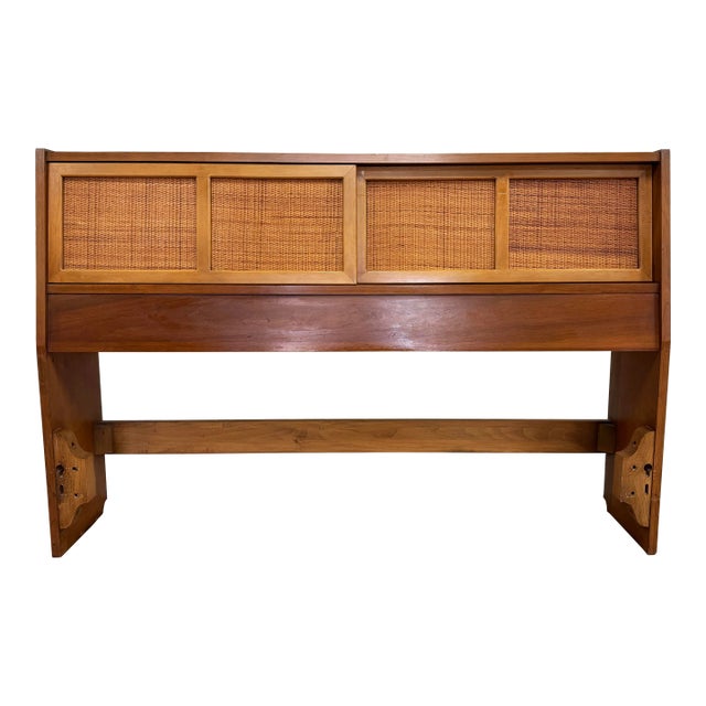 Vintage MCM Full Bed Headboard With Sliding Cubby Doors For Sale