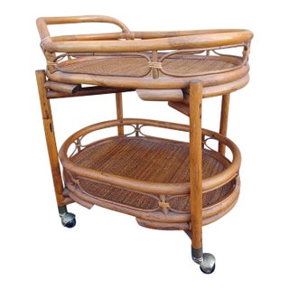 Mid 20th Century Vintage Bamboo and Raffia Bar Cart For Sale