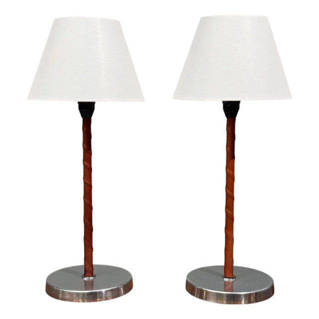 1960s Bergboms, Table Lamps, Leather, Nickel Plated, Sweden - a Pair For Sale