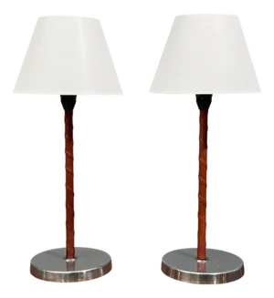 1960s Bergboms, Table Lamps, Leather, Nickel Plated, Sweden - a Pair
