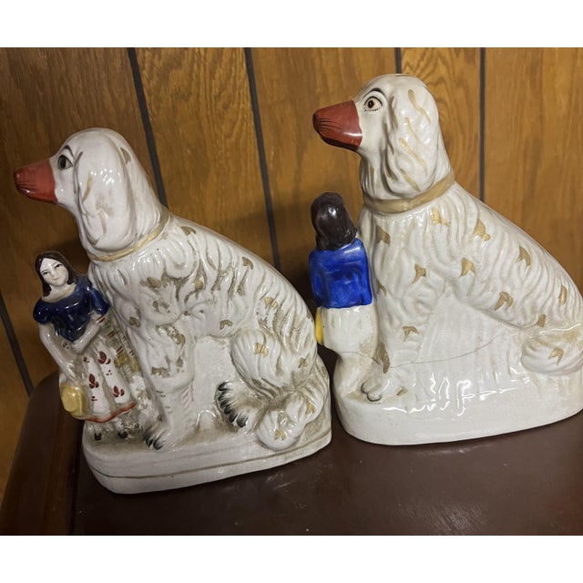 Ceramic One Pair of Antique Staffordshire Dogs With Children For Sale - Image 7 of 8