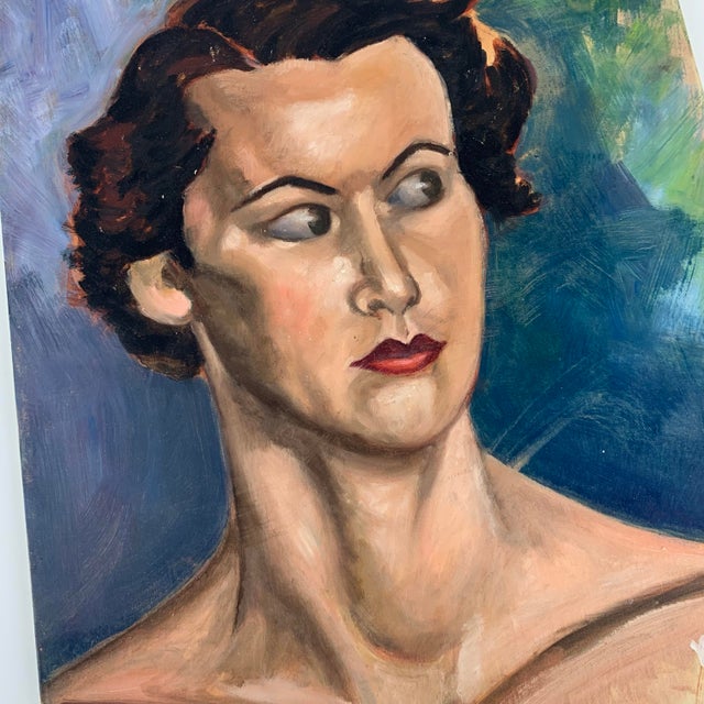 Brown Vintage Oil Painting Portrait Female Woman Funky Judgey Side Eye Signed Y Rubin For Sale - Image 8 of 9