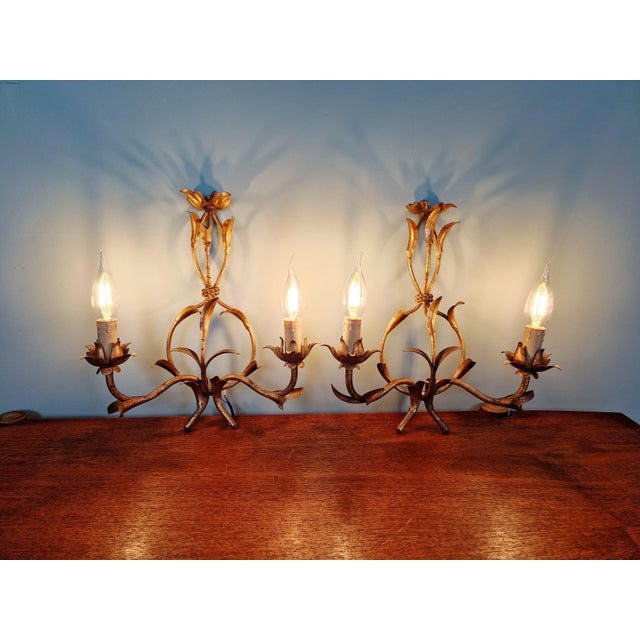 Floral Wall Sconces in Gilt Metal, Italy, 1960, Set of 2 For Sale - Image 12 of 14