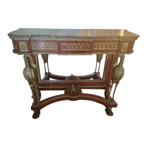 20th Century Napolean III French Empire Mahogany & Marble Top Console With Solid Bronze Swan Supports and Ormolu Detail