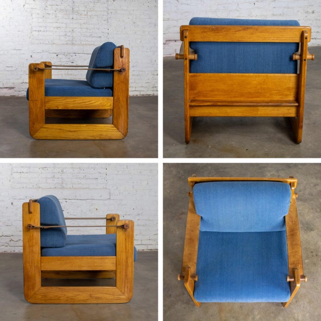 Mid to Late 20th Century Scandinavian Modern Oak Safari Sling Club Armchair Tan Leather Arms & Blue Corduroy For Sale - Image 14 of 18