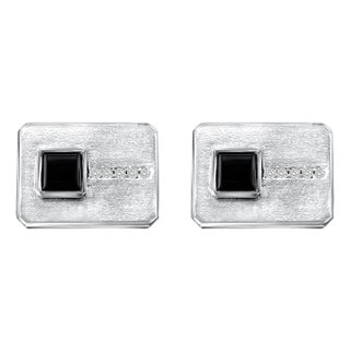 Rectangle Shaped Diamond & Onyx Cuff Links 14k White Gold, 2 Pieces For Sale