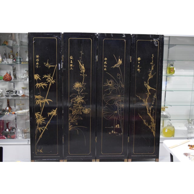 Chinese 4-Panel Stone Inlay Lacquered Scenic Wooden Folding Floor Screen Room Divider For Sale - Image 4 of 13