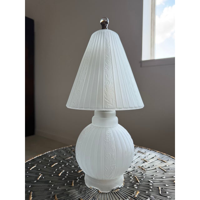 An Art Deco, 1920s era frosted glass, small stature table lamp. All original glass shade and base match to each other. The...